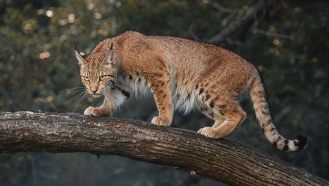 Bobcat walking along mossy branch in forest showing alert stalking pose close-up wildlife