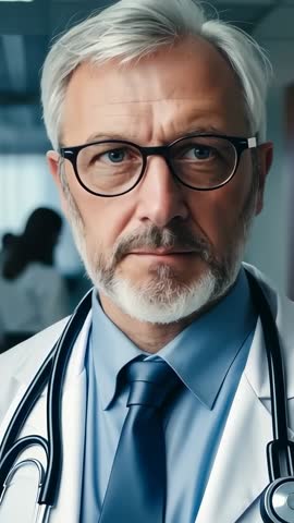 Vertical video zooming on senior doctor turning toward camera in hospital corridor with stethoscope