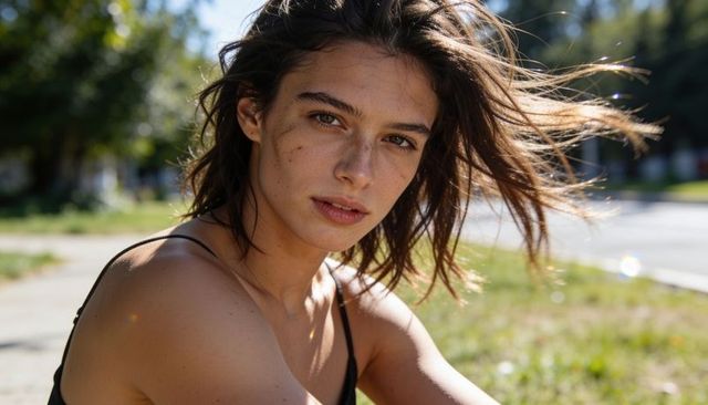 Sunlit young woman sitting on grassy verge wearing black top, windblown hair, freckles