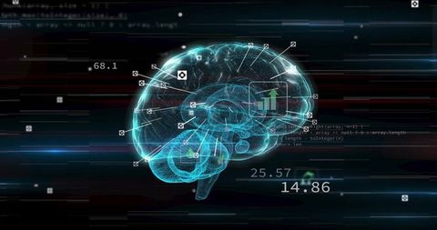 Holographic Brain Displaying Neural Analytics Dashboard Floating in Virtual Cyberspace