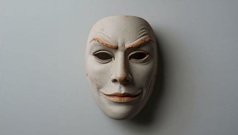 Displaying carved ceramic mask with subtle smile and weathered patina on pale gray wall