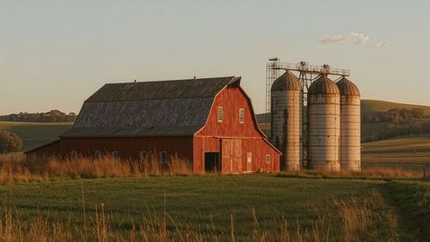 Red barn and silos bathed in golden sunset light