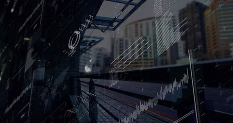 Shadowed commuter on rainy transit platform with financial data overlay and urban skyline