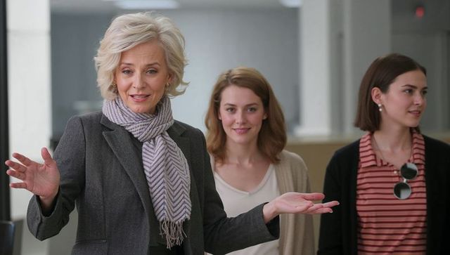 Senior woman gesturing and speaking to young team in modern office environment