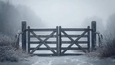 Standing closed wooden gate on frosty country lane with mist rising in winter morning