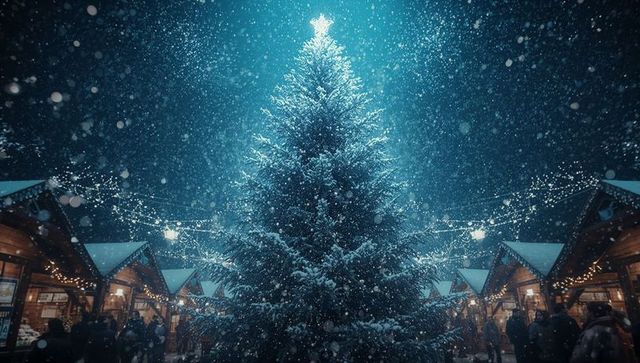 Illuminated snow-covered christmas tree at nighttime market