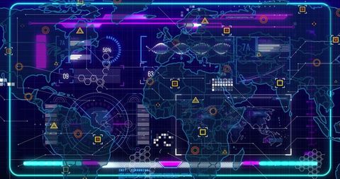 Futuristic holographic world map with data visualizations and hud elements