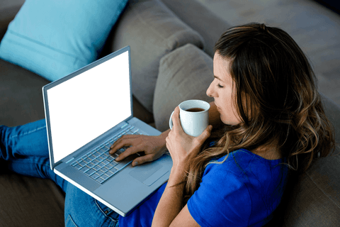 transparent screen laptop and relaxing woman drinking coffee home - Download Free Stock Videos Pikwizard.com