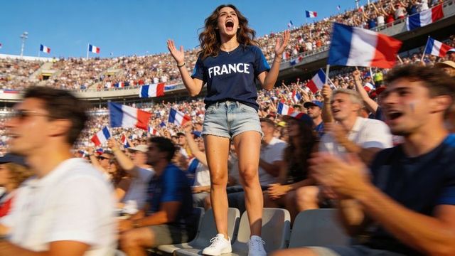 Young woman cheering for france in packed stadium, waving tricolor flags, national celebration
