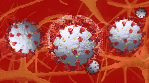 Digital Representation of Virus Cells on Red Background