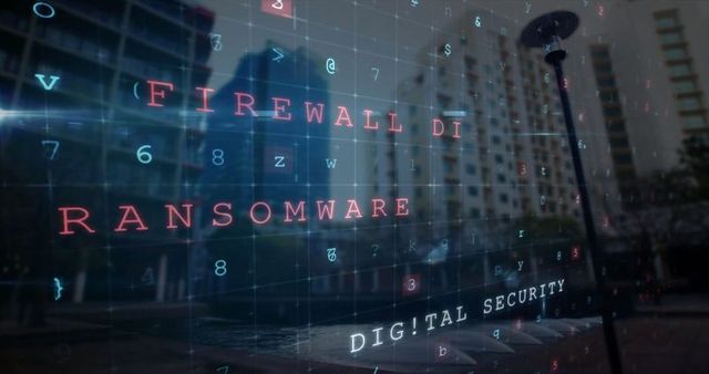Ransomware Alert on Digital Network Grid with City Background