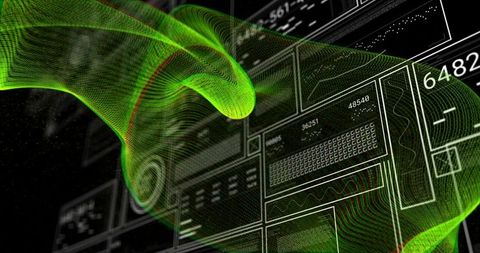 Neon green mesh wave intersecting digital ui panels