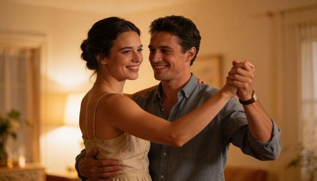 Couple dancing in cozy living room, sharing romantic smile under warm lamp light