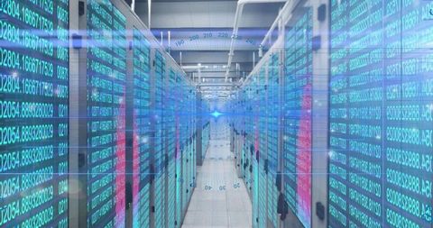 Futuristic Data Center Corridor with Holographic Overlays and Neon Blue LED Server Racks