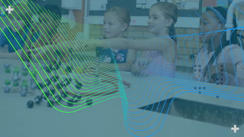 Diverse Schoolchildren Experimenting in Classroom with Overlay