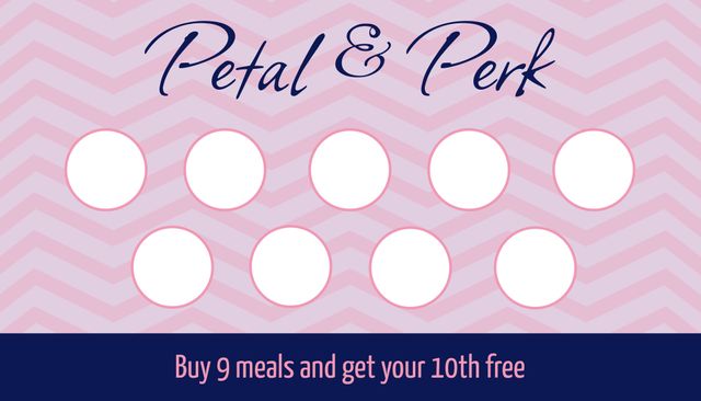 Design featuring a pink chevron background with designated punch areas for tracking loyalty. Ideal for businesses looking to implement a customer rewards program, especially in the food and beverage industry. Use to increase customer retention and engagement by offering an incentive for frequent purchases.
