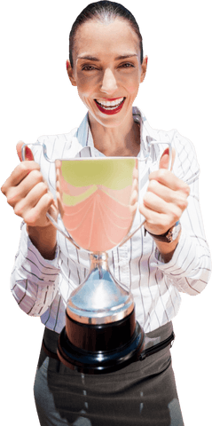 Happy Businesswoman Holding Silver Trophy on Transparent Background