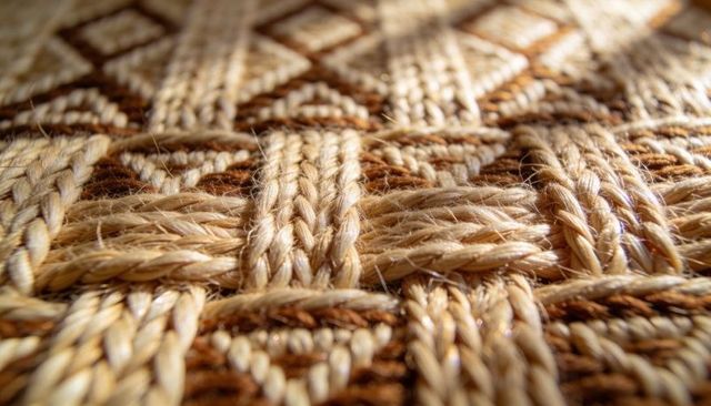 Close-up woven natural fiber mat with braided ropes and diamond basketweave texture