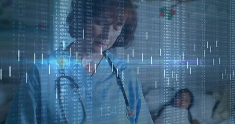Nurse Checking Pediatric Patient with Stethoscope and Data Overlay, Healthcare Tech