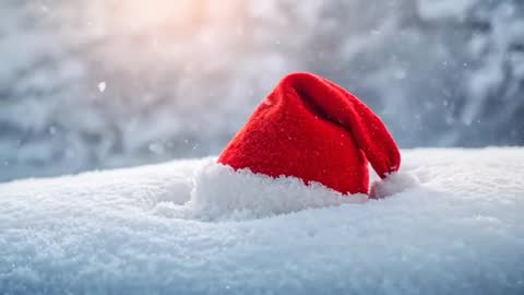 Red Santa Hat Nestling in Fresh Snow with Falling Snowflakes and Warm Sun Flare