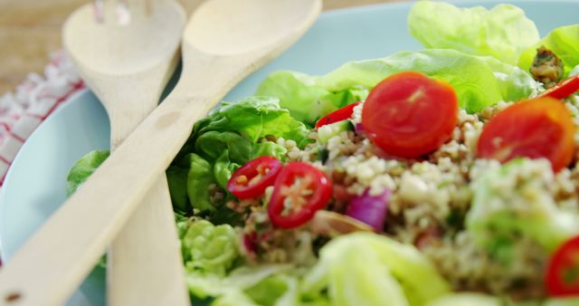 Healthy Bulgur Salad with Fresh Vegetables on Blue Plate - Download Free Stock Images Pikwizard.com