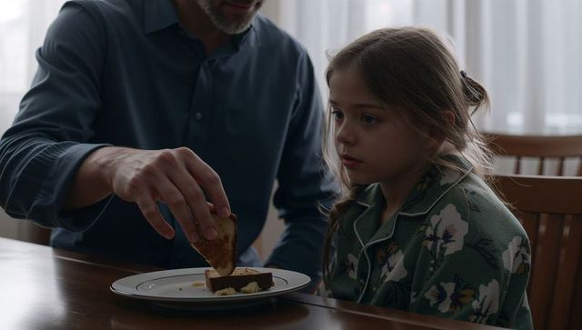 Placing toast for pensive daughter in green floral pajamas at breakfast table