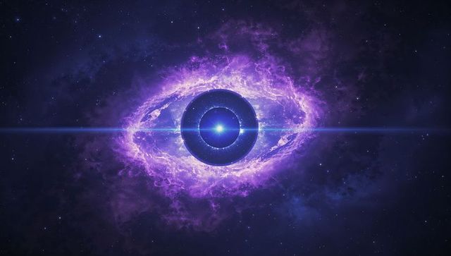 Cosmic eye nebula with radiant blue core and concentric rings in purple space