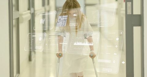 Pediatric patient walking with forearm crutches and cast showing AR medical HUD