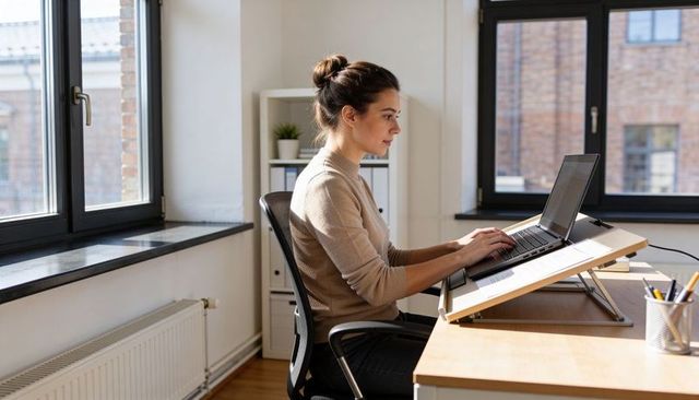 Woman working on laptop with ergonomic adjustable laptop stand in bright modern office