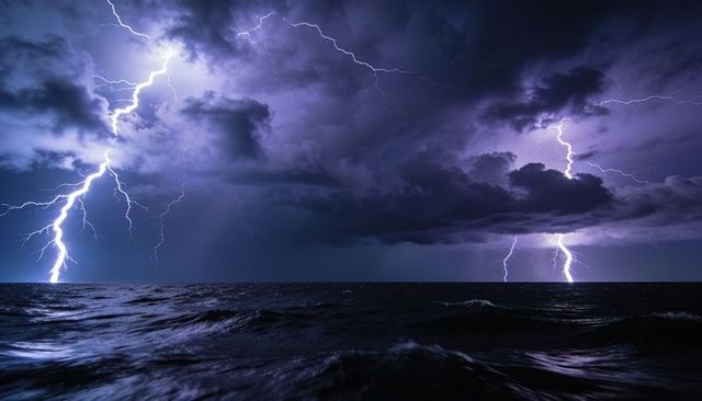 Multiple lightning bolts striking open ocean under dark storm clouds at night