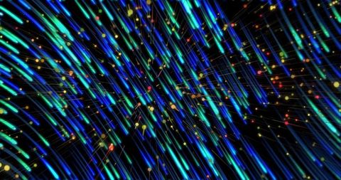 Neon data streams racing through digital space with fiberoptic trails and bokeh particles
