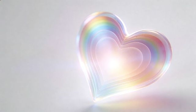 Iridescent layered heart ornament with soft rainbow glow and concentric transparent layers