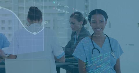 African American Health Worker with Stock Market Data Overlay