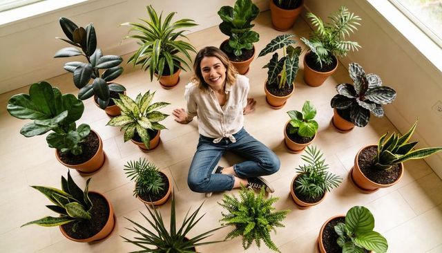 Smiling woman enjoying indoor plant collection in bright sunlit corner with terracotta pots
