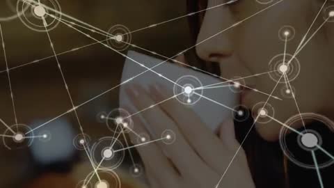 Digital Fusion: Woman Enjoying Beverage with Data Connections