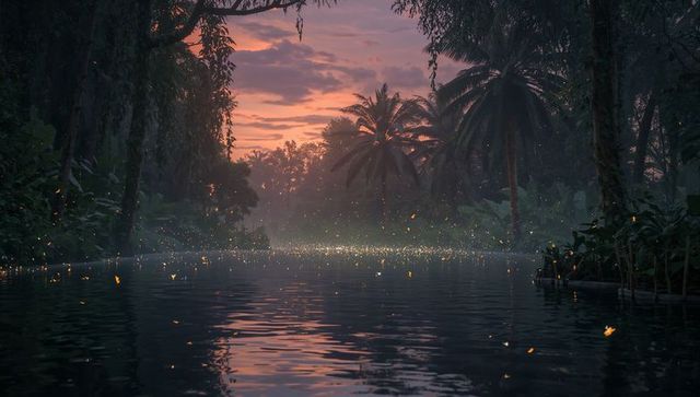 Glowing Firefly River at Dusk, Palm Silhouettes Framing Misty Sunset Reflections