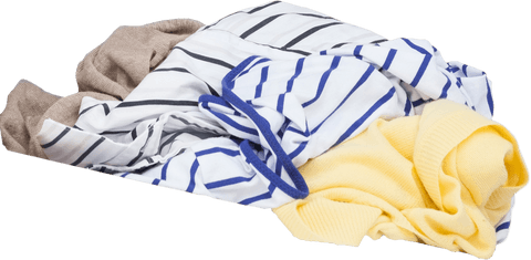 Clothes are scattered in a pile on a transparent background, showcasing different textures and designs like a yellow sweater and striped linen. Useful for design projects related to fashion, organization tips, or lifestyle blogs depicting realistic home settings.