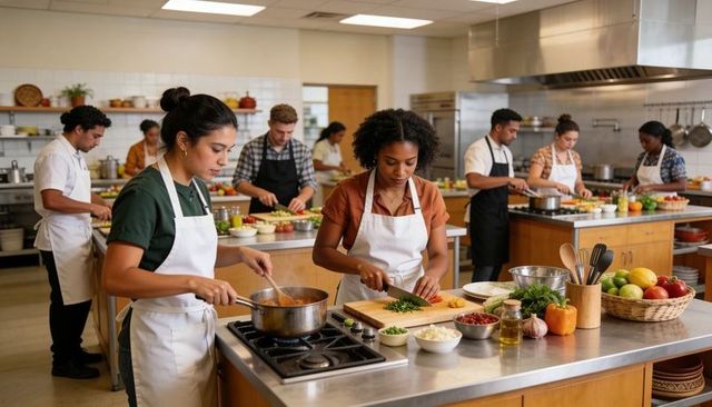Diverse culinary students practicing knife skills, chopping herbs and stirring sauce as team