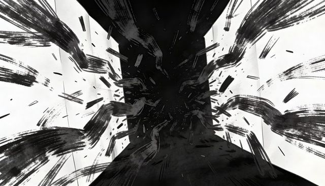 Dark Silhouette Exploding into Ink Strokes Across Paper Panels, Abstract Motion Art
