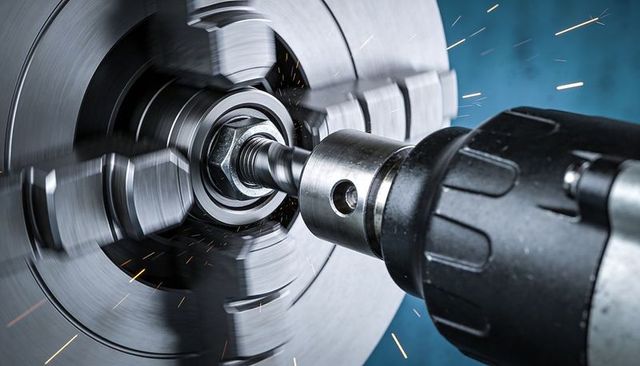 Machining steel workpiece on precision lathe producing bright sparks and metal chips