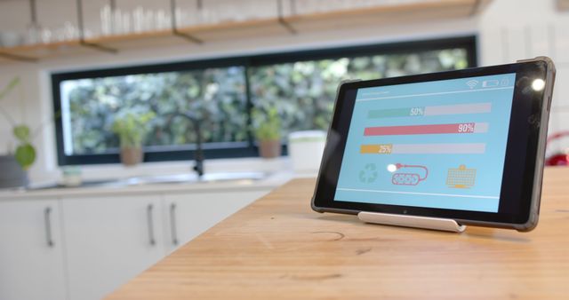 Tablet Displaying Energy Efficiency Data in Modern Kitchen - Download Free Stock Images Pikwizard.com