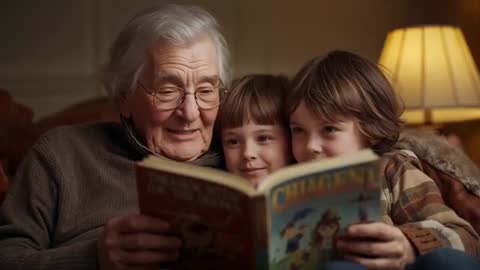 Grandfather Reading Bedtime Story with Grandsons on Cozy Sofa under Warm Lamp Light