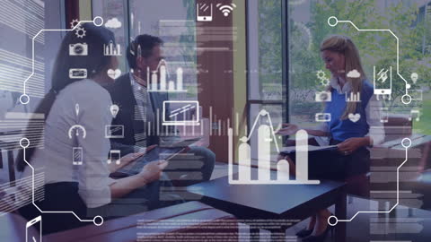 Team Meeting with Digital Data Graphics Overlay in Modern Office