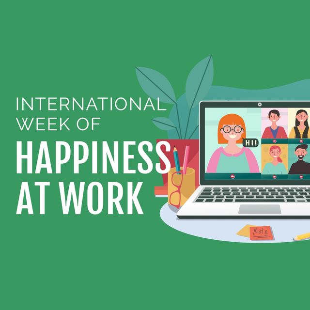 Vector image of coworkers video calling on laptop, international week of happiness at work text. Copy space, workplace, holiday, celebration, employee happiness are integral to business's success.