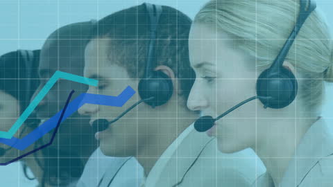 Diverse Call Center Team Overlaid with Financial Graphs