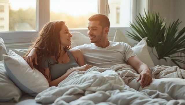 Romantic Couple Relaxing in Cozy Morning Light Bedroom