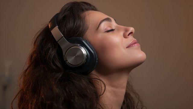 Serene woman enjoying music with metallic over-ear headphones closeup portrait