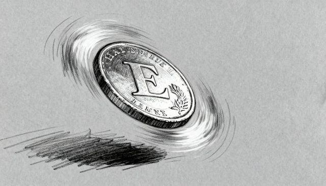 Spinning coin sketch with letter e laurel, charcoal crosshatch motion on gray paper
