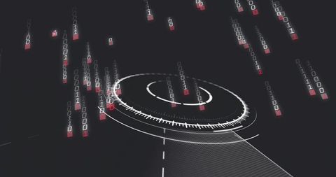 Concentric hud rings rotating above virtual grid with falling binary code for tech interface