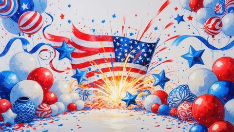 Patriotic celebration with american flag, fireworks, and balloons